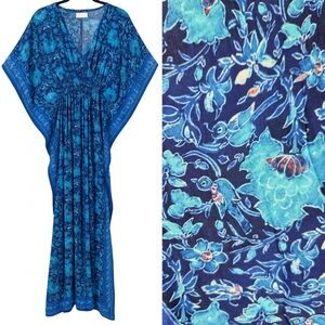 Rujuta Sheth Boho Resort Garden Marie Cinched Kaftan Maxi Dress Blue S/M